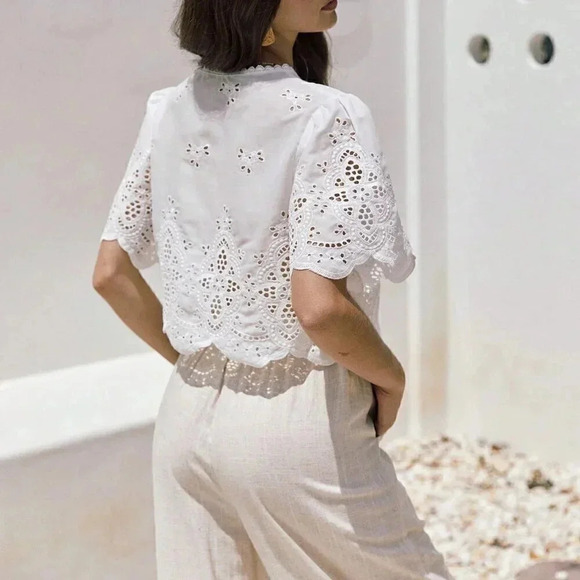 White Boho Women's Summer Ruffle Sleeve Embroidery Fabric Lace Up Short Top - Picture 3 of 6